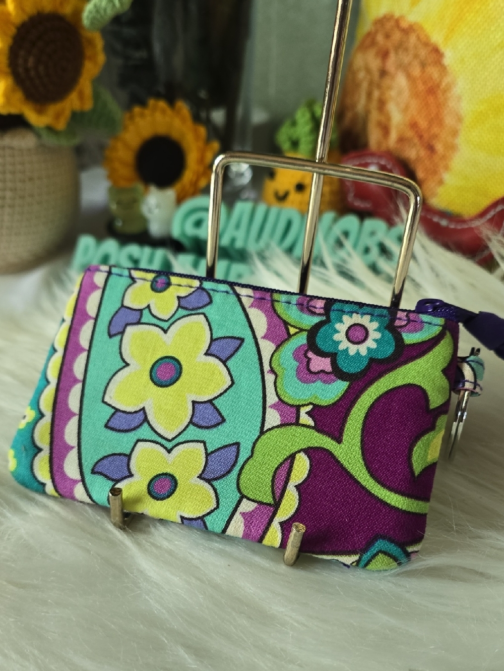 Vera  Bradkey Colorful Floral Zipper Card Case Wallet - Purple & Turquoise